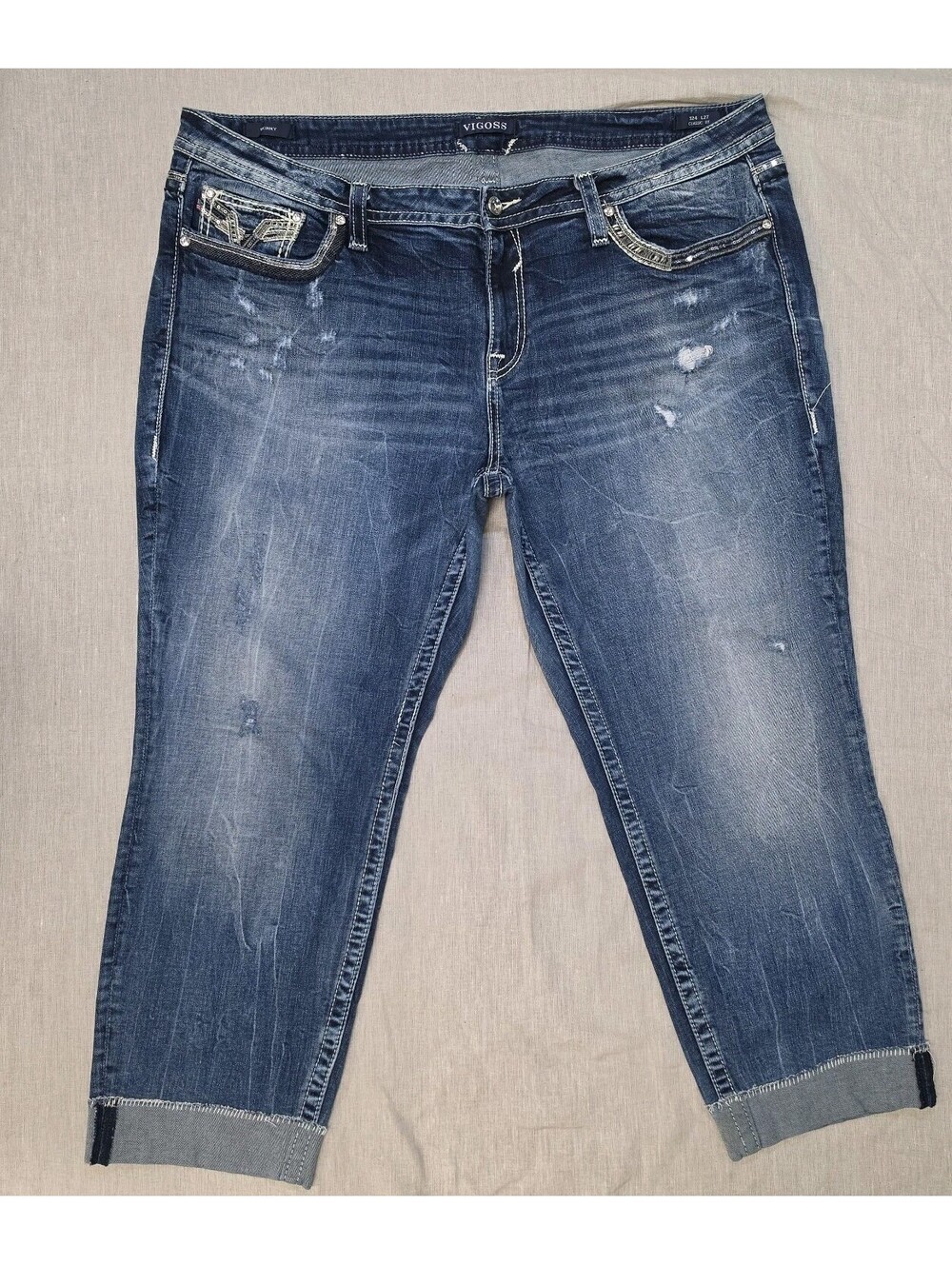 Vigoss Skinny Capri Jeans Womens 24x27 Sequin V Embroidery Dark Wash